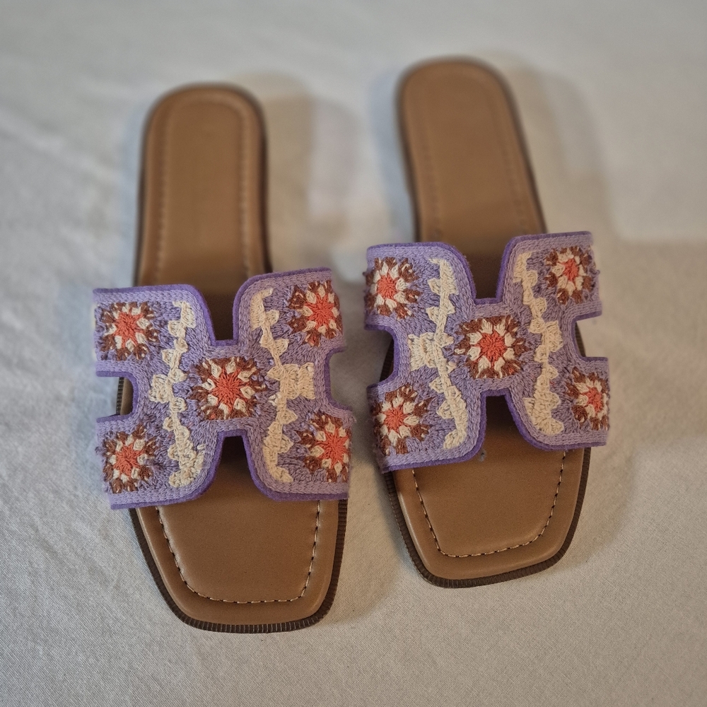 Wild Diva Embroidered Sandals in Purple and Tan